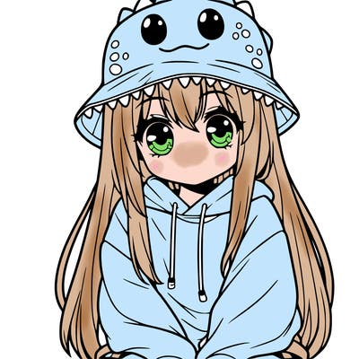 girl with anime shaped eyes with a dinosaur bucket hat oversized sweatshirt long straight hair