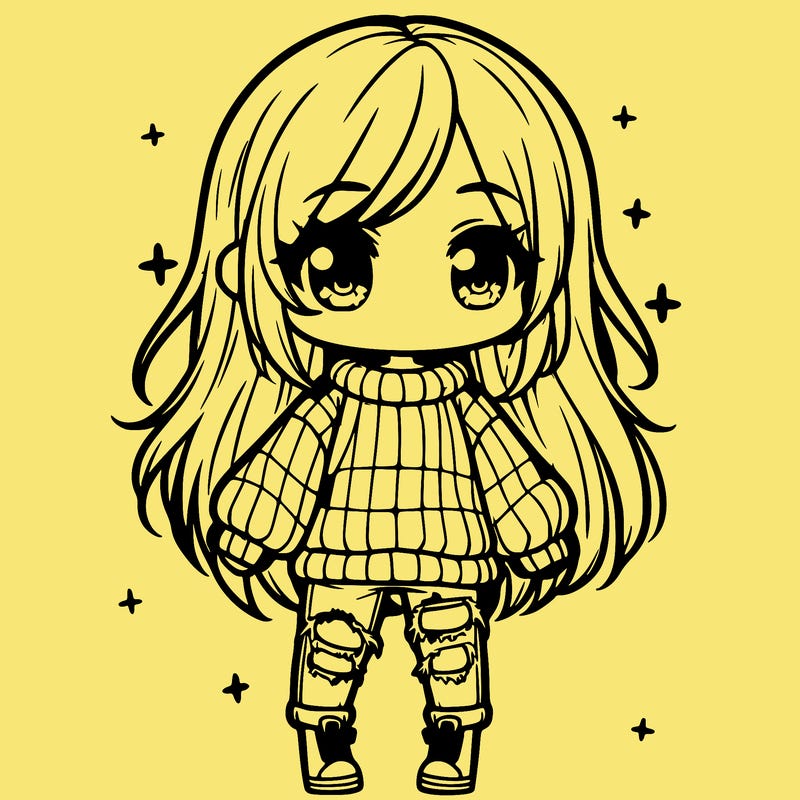 chibi girl with ripped jeans,long hair, and an oversized sweater