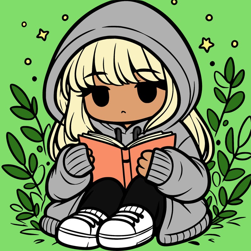girl in oversized hoodie reading a book