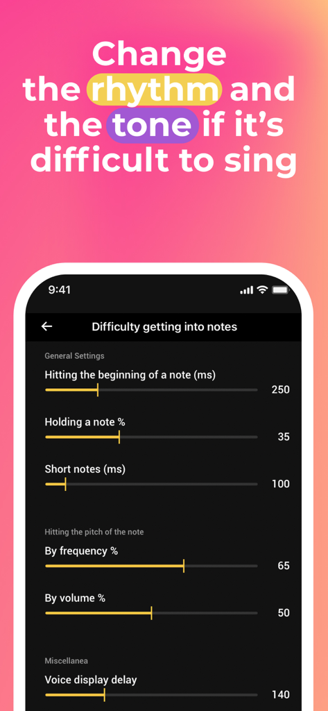 Learn to sing with Vocaberry - Interface of Vocaberry app showing settings to adjust singing difficulty for rhythm and tone