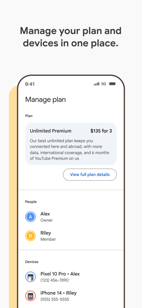 Google Fi Wireless - Una captura de pantalla de la aplicación Google Fi Wireless que muestra la interfaz Gestionar Plan con los miembros de la cuenta y los detalles del dispositivo.