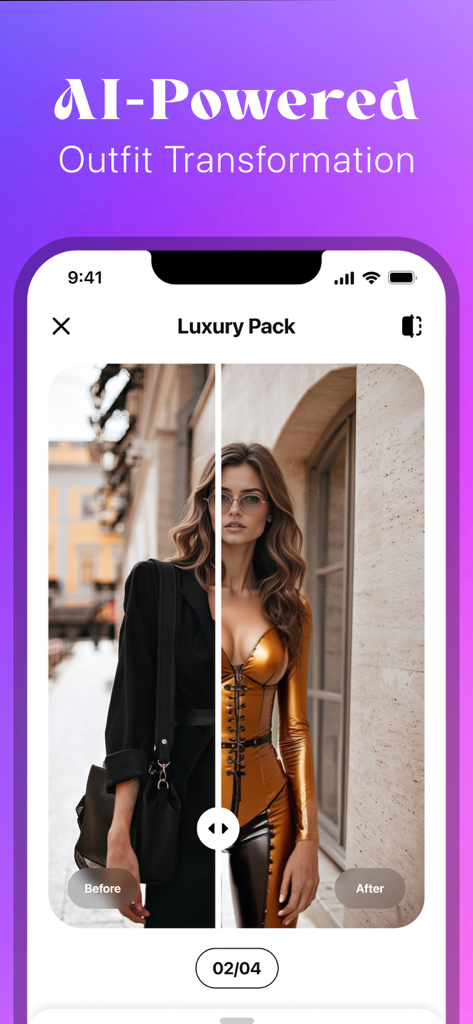 AI Photo Generator: Boopix - AI powered outfit transformation showing a before and after comparison of a luxury fashion swap