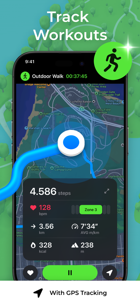 StepsApp workout tracking interface displaying a GPS map route and activity metrics like steps and heart rate.