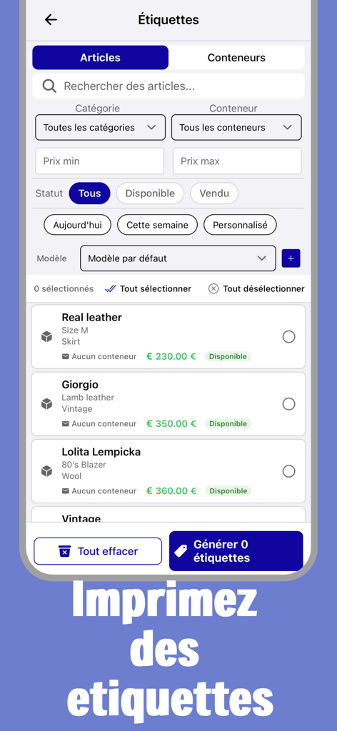 Vinto app interface showing a list of vintage items selected for inventory label generation and printing.