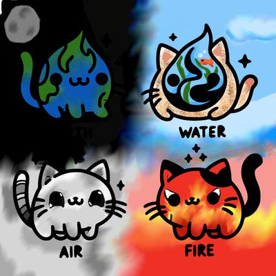 4 cats that represent the different elements, earth, water, air, and fire