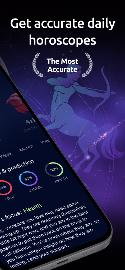 StarMaster: Night Sky & Astro - Screenshot der StarMaster-App, der tägliche Horoskopvorhersagen für Liebe, Karriere und Gesundheit mit einer Zentaur-Illustration zeigt