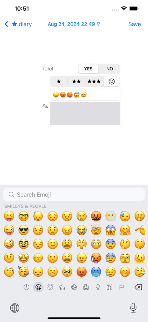 Toilet Diary (bowel) - Interface do usuário para registrar uma evacuação com classificações por estrelas e emojis no aplicativo Diário do Vaso Sanitário.
