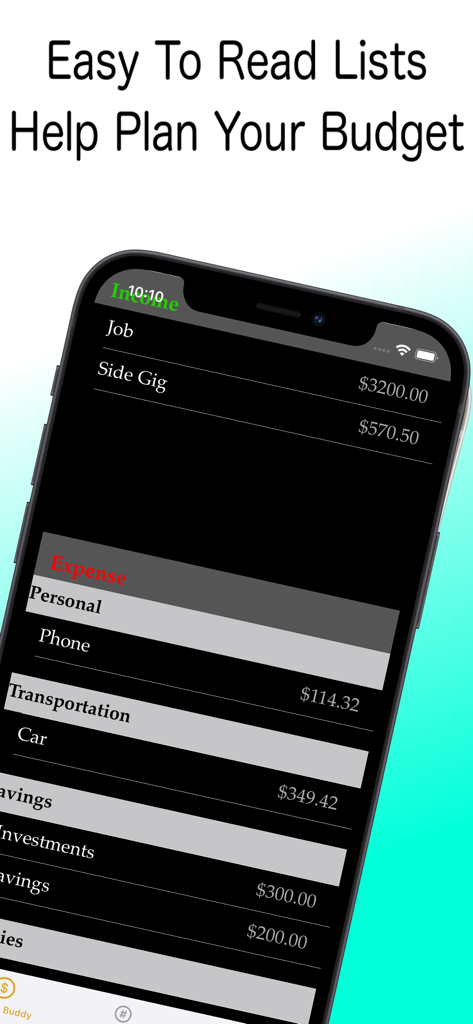 Money Buddy Expense Tracker - Money Buddy app interface showing categorized lists for income and expense tracking