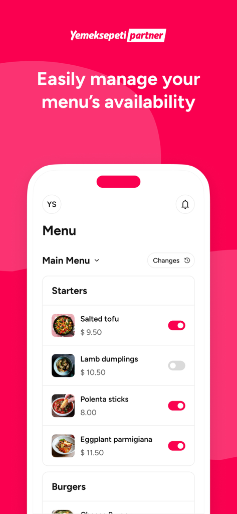 Yemeksepeti Partner - Mobile interface of Yemeksepeti Partner app showing menu availability toggles for restaurant owners