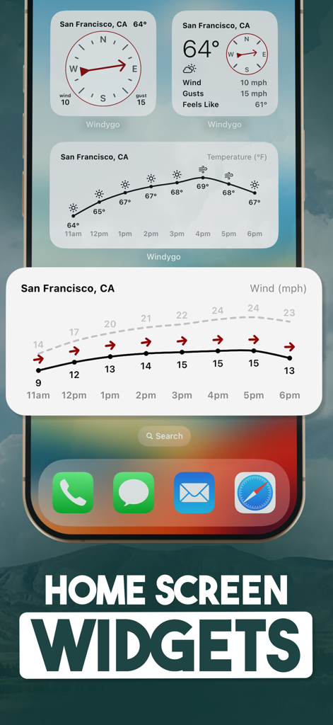 Wind Compass - Windygo - iPhone home screen displaying Wind Compass Windygo widgets with wind direction and weather forecasts.