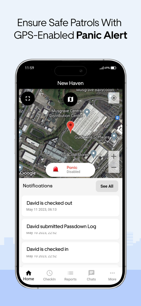 Security Guard App - Security Guard App interface displaying a GPS map for patrols with a panic alert button and notification logs
