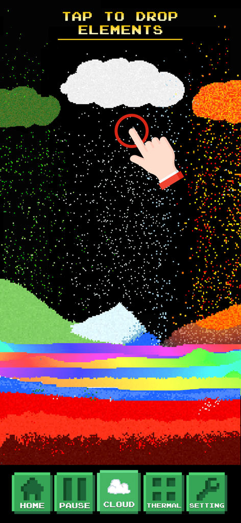 A hand icon tapping a cloud to drop white particles onto a colorful landscape in Sandbox Powder Alchemy