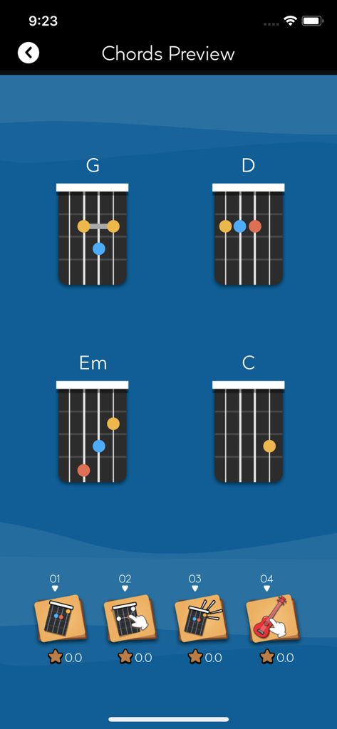 Tunefor Ukulele app chords preview screen showing G, D, Em, and C chord diagrams.