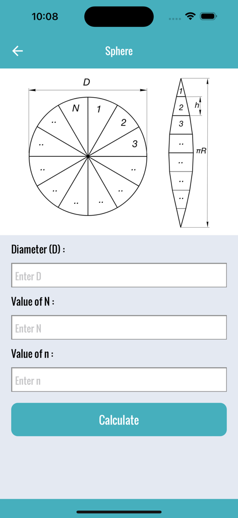 Flat Pattern Bend Calculator - Interface for sphere flat pattern layout showing technical diagrams and input fields for diameter and segment values.