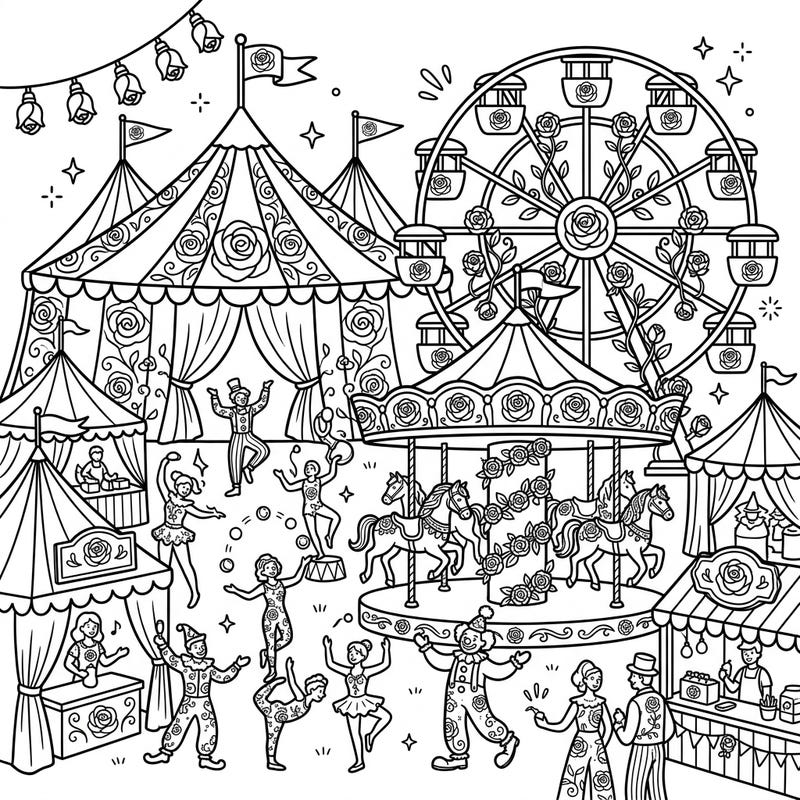 Dive into a world where the elegance of pink roses meets the thrill of a carnival in this unique coloring page. Featuring bustling fairground attractions and playful performers, it's a delightful scene waiting for your creative touch.