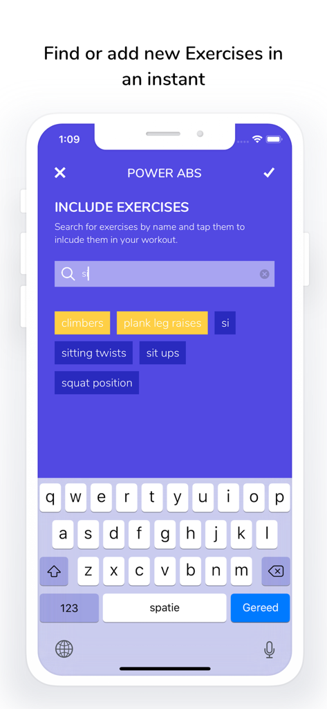 Pro Timer - Interfaz de la aplicación Pro Timer para buscar y agregar ejercicios a un circuito de fitness en un iPhone.