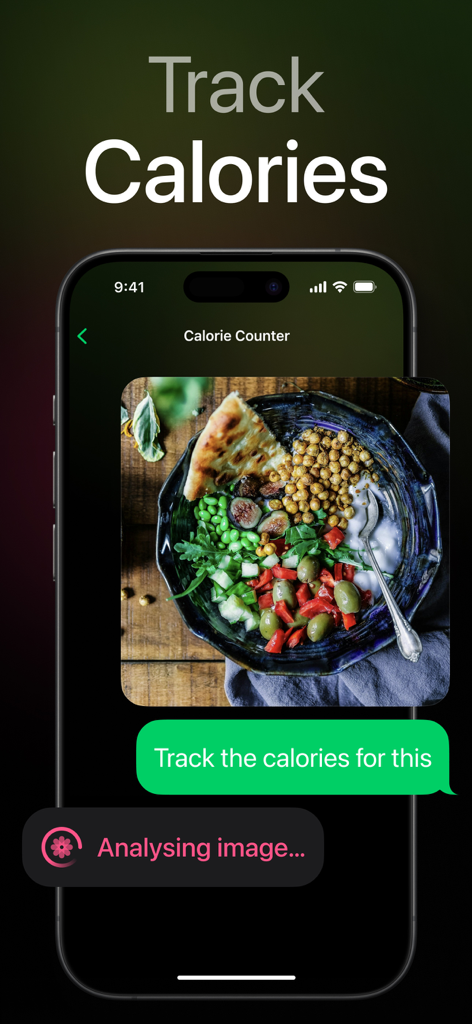 A smartphone screen showing the AI Box app analyzing a photo of a healthy meal to track calories.