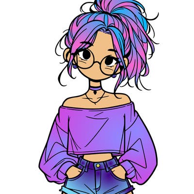 girl with a messy ponytail glasses a baggy crop top and jean shorts
