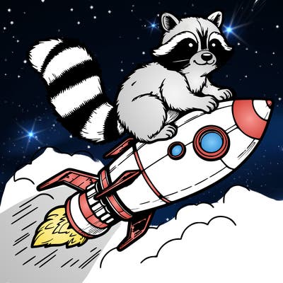 realistic raccoon flying on top rocket ship