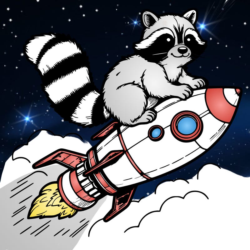 realistic raccoon flying on top rocket ship