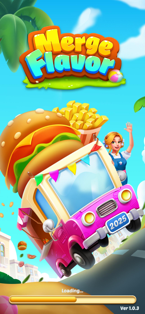 Merge Flavor: Decor Restaurant - Loading screen for Merge Flavor Decor Restaurant showing a chef waving from a pink food truck carrying a giant burger and fries.