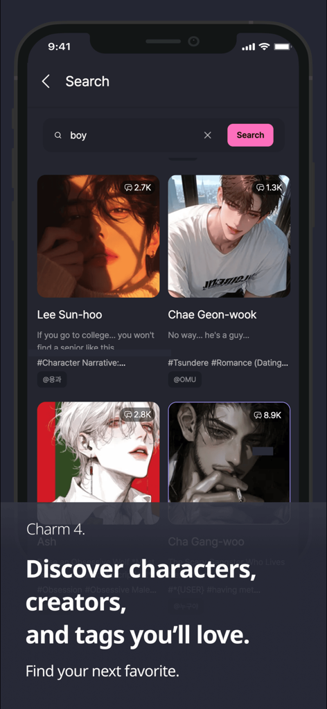 Search interface of Melting AI app showing various anime character profiles with tags and descriptions