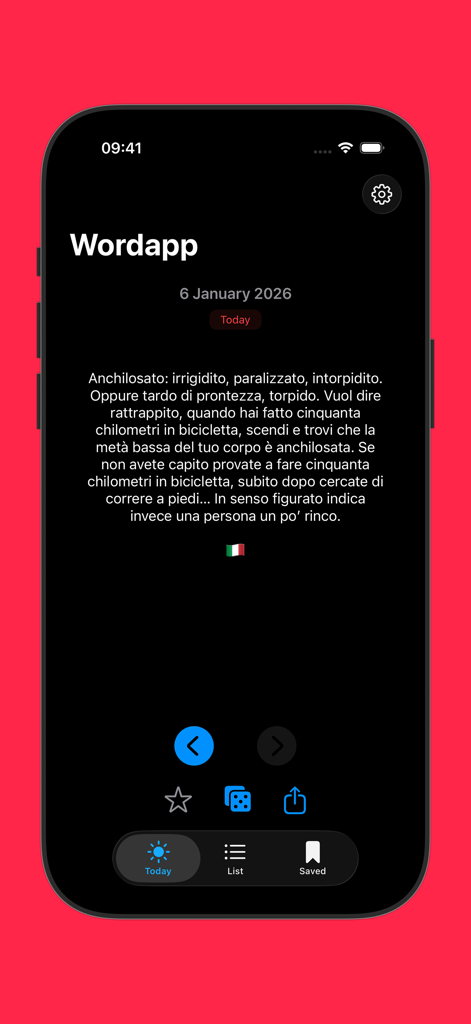 Wordapp - Interface mobile de Wordapp affichant la définition d'un mot du jour en italien