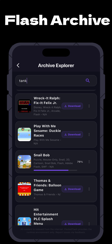 PocketFlash Archive Explorer screen showing a search bar and a list of classic flash games available to download.