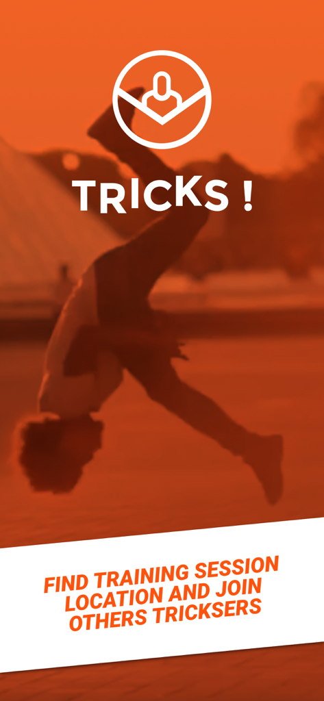 Tricks ! - Pantalla introductoria de la aplicación Tricks con un atleta haciendo un salto y texto sobre encontrar sesiones de entrenamiento y unirse a otros trickers