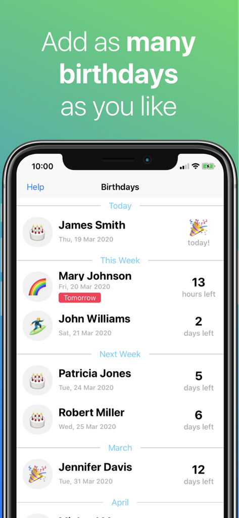Mobile app screen displaying a list of upcoming birthdays with personalized icons and countdown timers