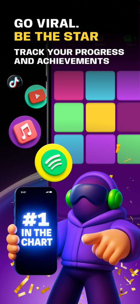 A 3D DJ character celebrating top chart rankings with drum pads and social media icons