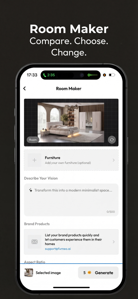 Interface of the Furnea app Room Maker feature for AI virtual staging and furniture visualization