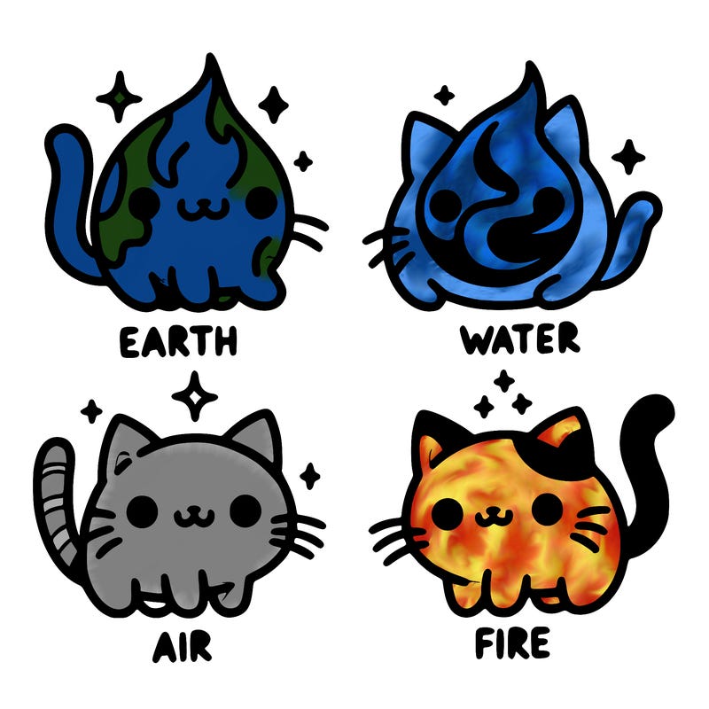 4 cats that represent the different elements, earth, water, air, and fire