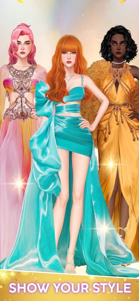 Three stylish female models wearing colorful elegant dresses and glamorous makeup