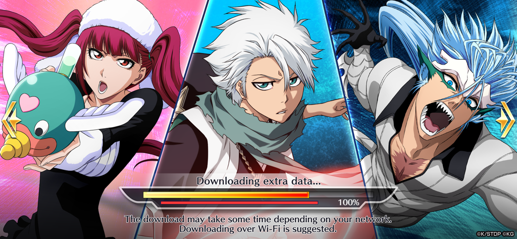 Bleach: Brave Souls Anime Game - Loading screen for Bleach Brave Souls featuring Toshiro Hitsugaya, Riruka Dokugamine, and Grimmjow Jaegerjaquez.
