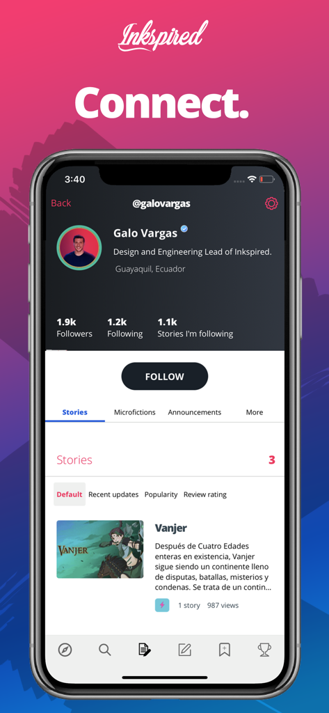 Inkspired - Interfaccia del profilo utente dell'app Inkspired che mostra dettagli dell'autore, follower e storie pubblicate