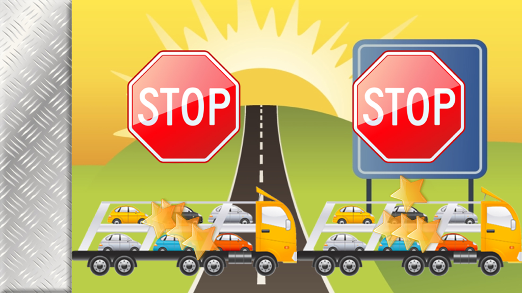 Vehicles Games for little Kids - Toddler matching game screen showing car carrier trucks and stop signs