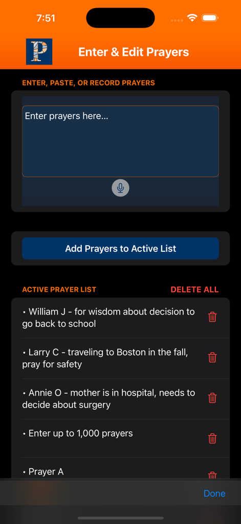 PrayerPoint: Prayer List - Interface of the PrayerPoint app showing the Enter and Edit Prayers screen with a text input area and an active prayer list
