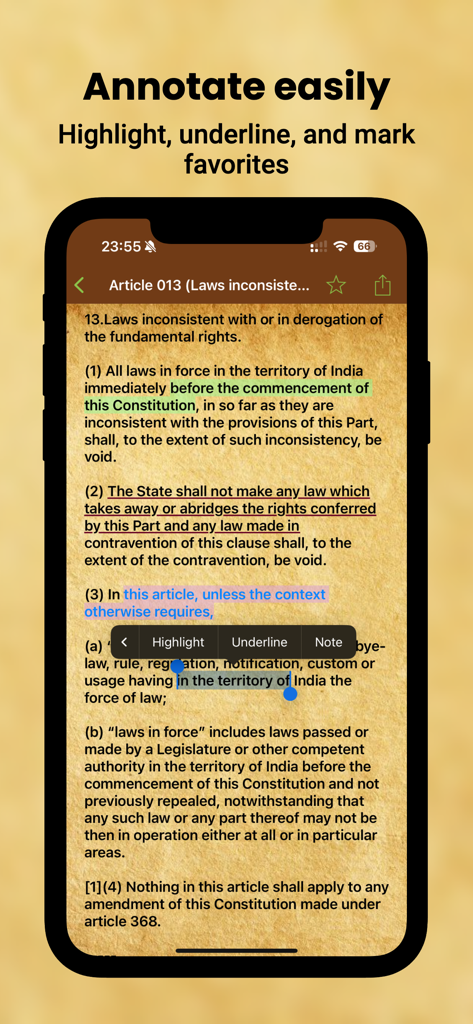 Pantalla de teléfono inteligente mostrando funciones de anotación que incluyen resaltar y subrayar dentro de la aplicación Constitución de la India en inglés.
