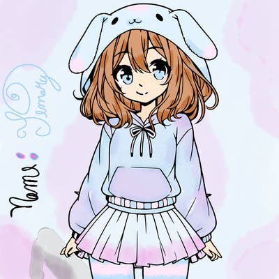 pretty anime girl wearing a fluffy hoodie with bunny ears on the hood and a skirt