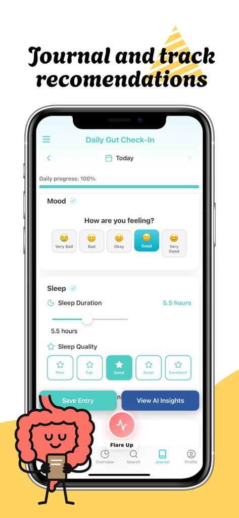 IBS Pal - Pantalla de seguimiento diario de la salud intestinal de la aplicación móvil IBS Pal que muestra registros de estado de ánimo y calidad del sueño.