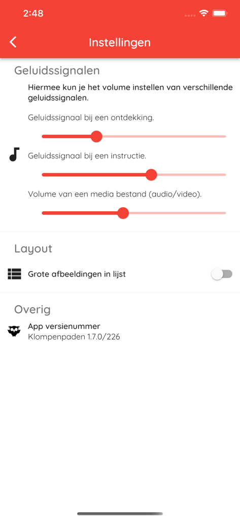 Klompenpaden - Settings screen of the Klompenpaden app showing audio volume controls and layout options