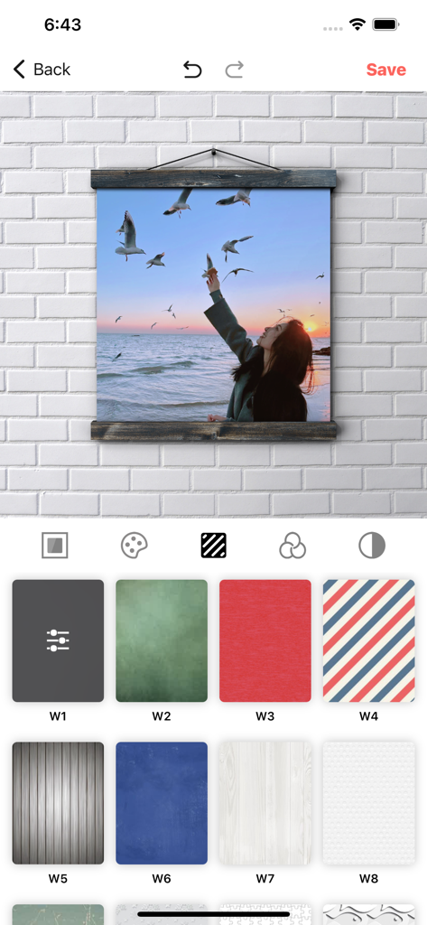 Frame Art: Photo Frames App - Photo editing interface showing a framed picture against a white brick wall with various background textures available below