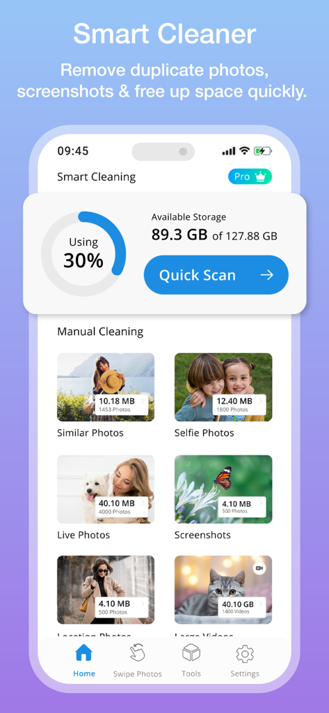 Cleaner Kit app interface showing storage usage and categories for manual cleaning like similar photos and large videos