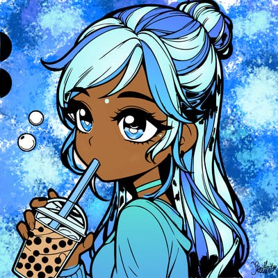 a realistic girl drinking boba