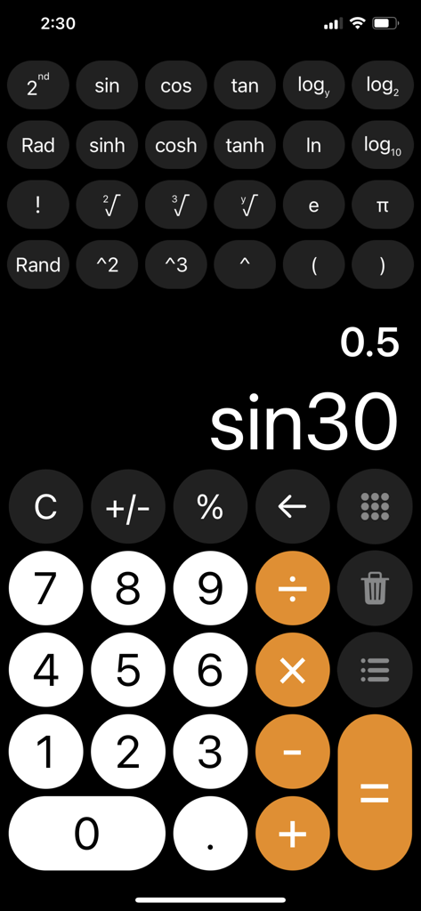 Interface of Calculator with History plus app displaying scientific functions and a trigonometry calculation