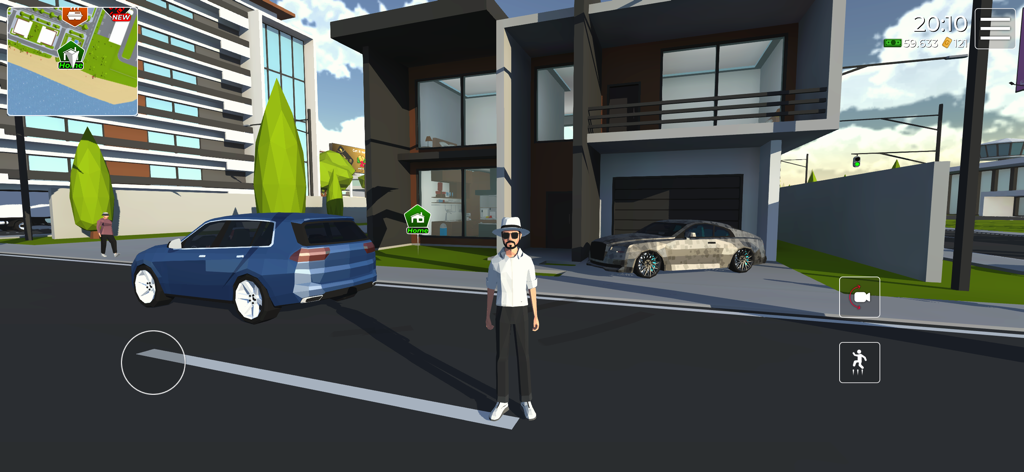 Cars LP - Extreme Car Driving - A character standing in front of a modern luxury house with parked cars in the Cars LP open world simulation