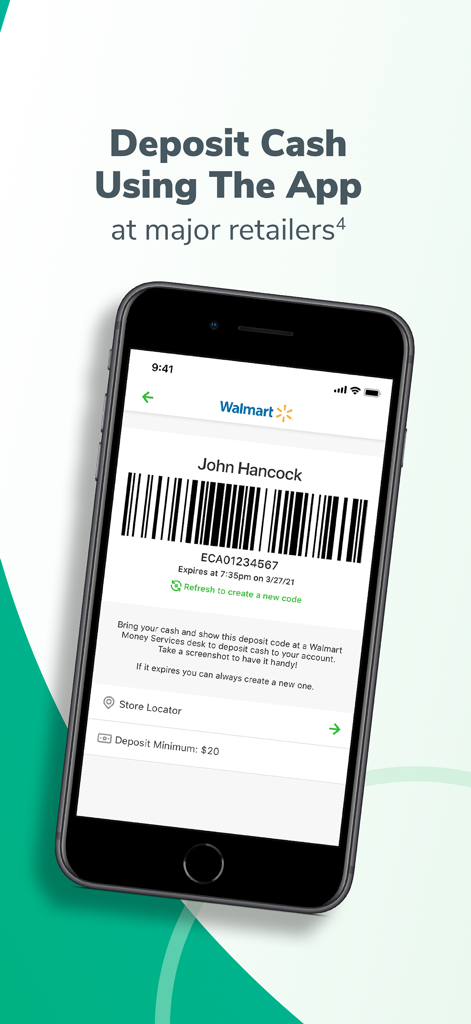 Green Dot - Mobile Banking - Walmart 매장에서 현금 입금을 위한 바코드를 보여주는 Green Dot 모바일 앱