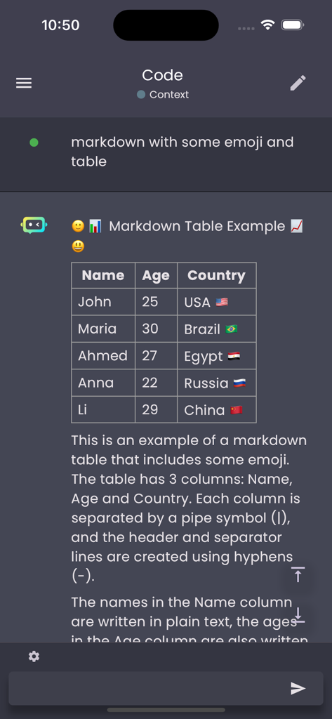 KnowBot-AI chat robot client - KnowBot AI chatbot interface displaying a table with names ages and country flags.