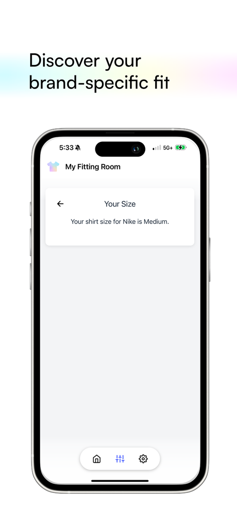 Mobile app interface for My Fitting Room showing a brand specific size recommendation for Nike